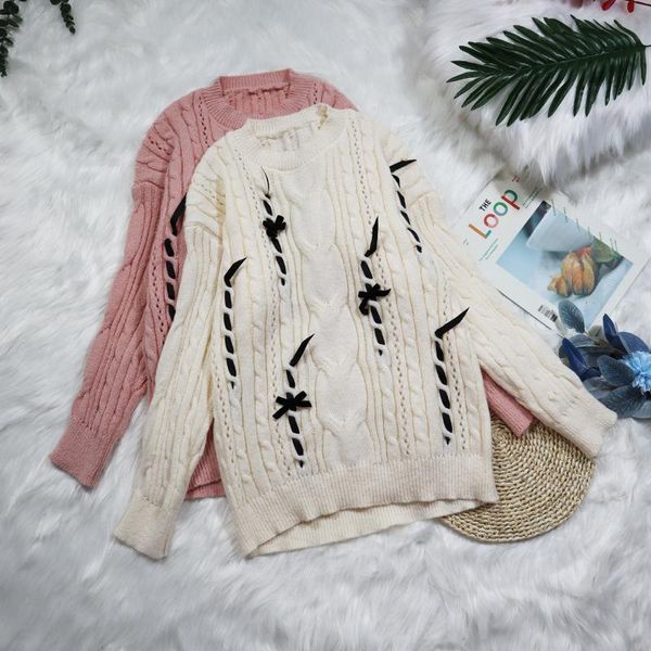 

women's sweaters ebaihui for women knitted solid jacquard lace up loose pullover winter warm thick o-neck long sleeve fashion knitwear, White;black