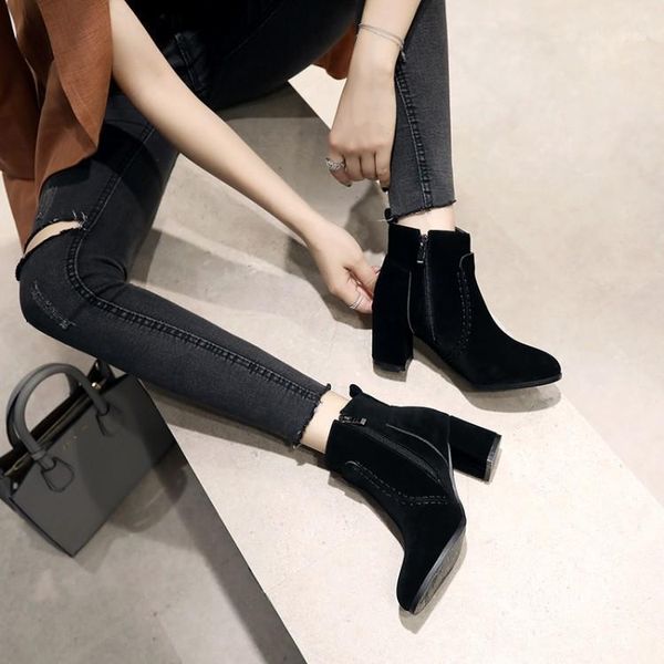 boots big size ma'am coarse heel short pure color side zipper boot barrel suede high-heeled boots11, Black