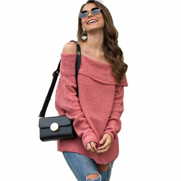 

women's sweaters 2021 autumn winter european and american solid color one-neck loose knit sweater fashion, White;black