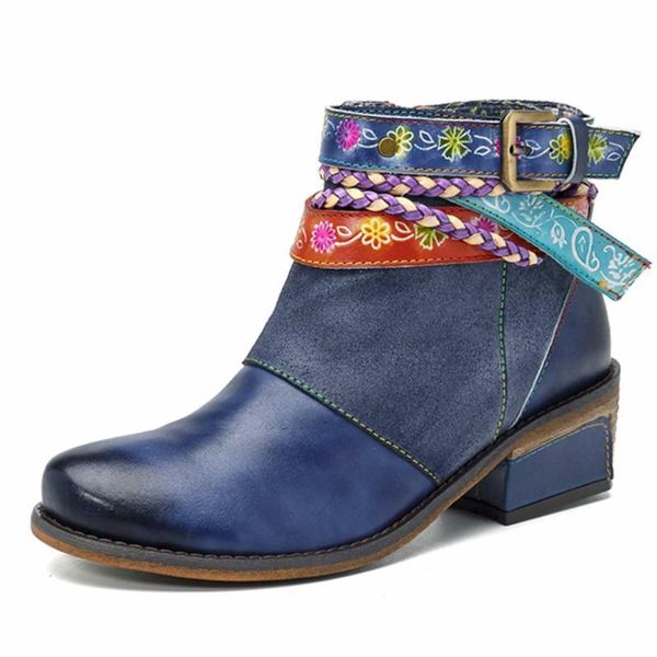 

boots genuine leather women ankle vintage bohemian style round toe mid med heels shoes casual botas de mujer, Black