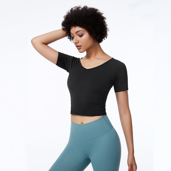 

women's summer v-neck sports yoga short sleeve t-shirt slim fashion fitns suit, Gray