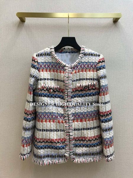 

retro colorful stripes tweed jacket women 87% wool blends 2021 new spring runway design coat outwear silk liner, Black