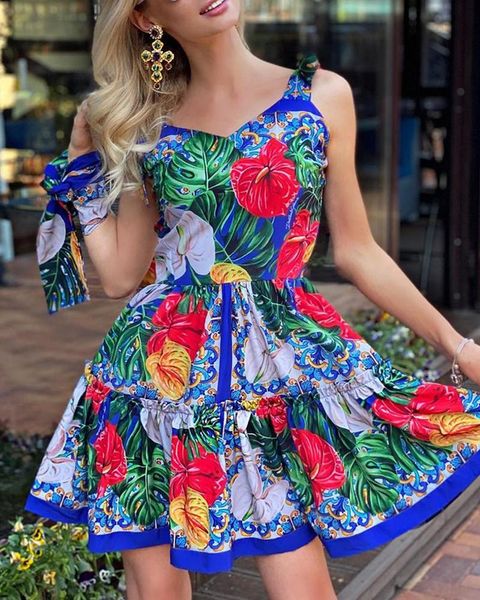 

casual dresses frill hem tied detail tropical print dress, Black;gray