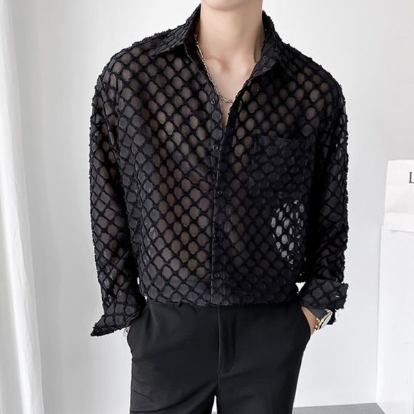 Мужские повседневные рубашки 2021 осенью сексуальные полые с длинным рукавом свободные рубашки Harajuku социальная вечеринка ночной клуб смокинг блузка мужская одежда