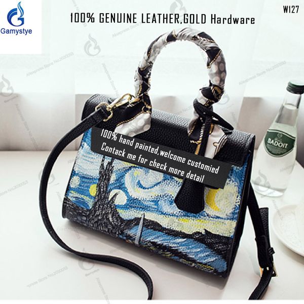 

art graffiti paint van gogh starry sky bags famous painting brand womens genuine leather handbag designers luxury shoulder bags, Black;red
