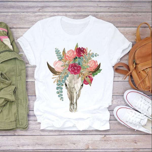 

women heifer bull floral skull flower 90s style casual print lady t shirts womens graphic t shirt ladies female tee t, White
