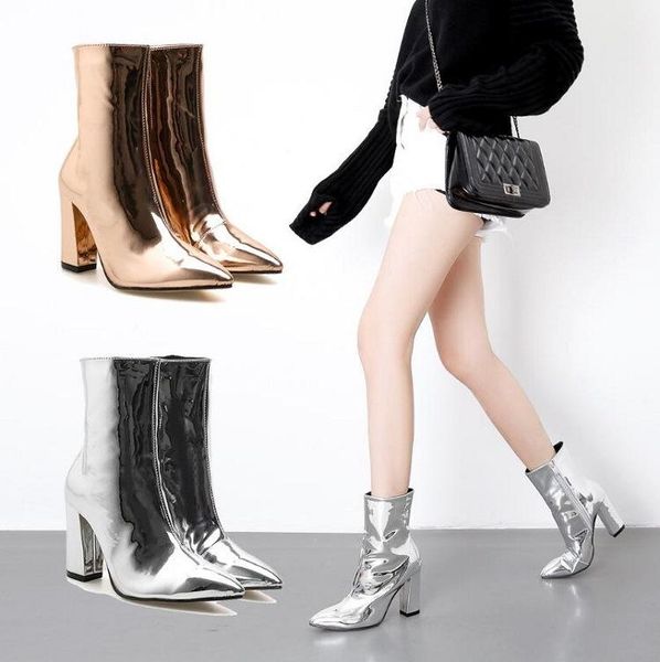 

boots patent leather pointed thick high-heeled middle women's, Black