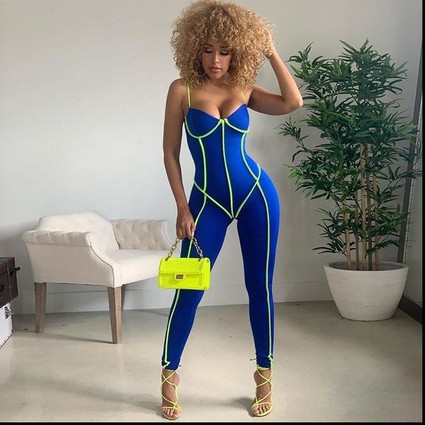 

bodycon jumpsuit women summer 2021 womens jumpsuits and rompers skinny strap full body overalls black blue jump suit club, Black;white