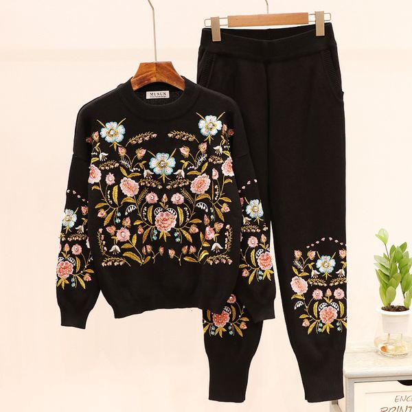 

2021 new women vintage two piece sets autumn winter sleeve bead embroidery long pants outfits woman black tracksuits clothes d2bu, Gray