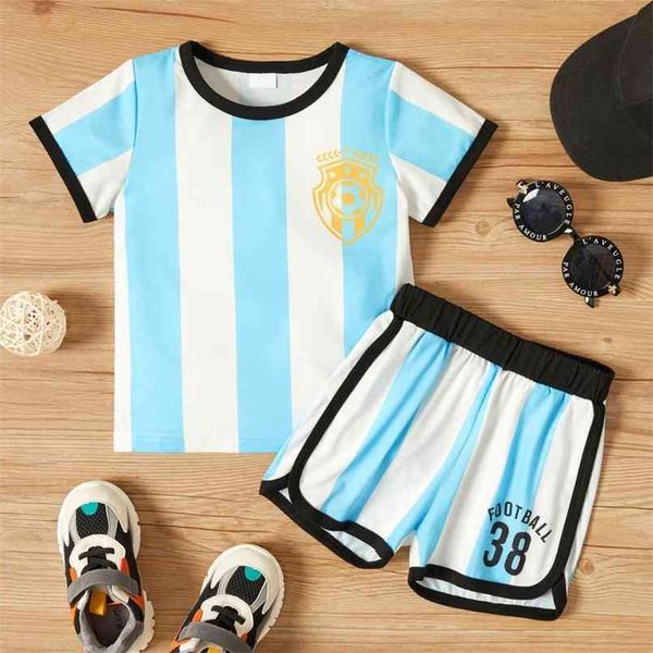 

2-piece toddler boy sporty striped football tee and shorts set 210528, White