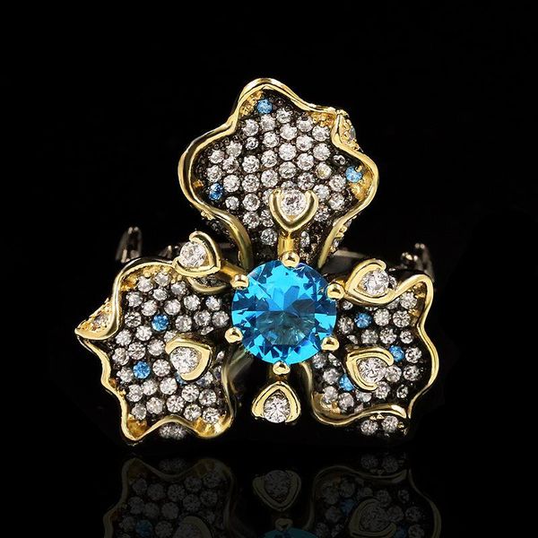 

cluster rings elegant temperament three petal flower ring blue zircon luxury jewelry ladies 925 silver black gold women, Golden;silver