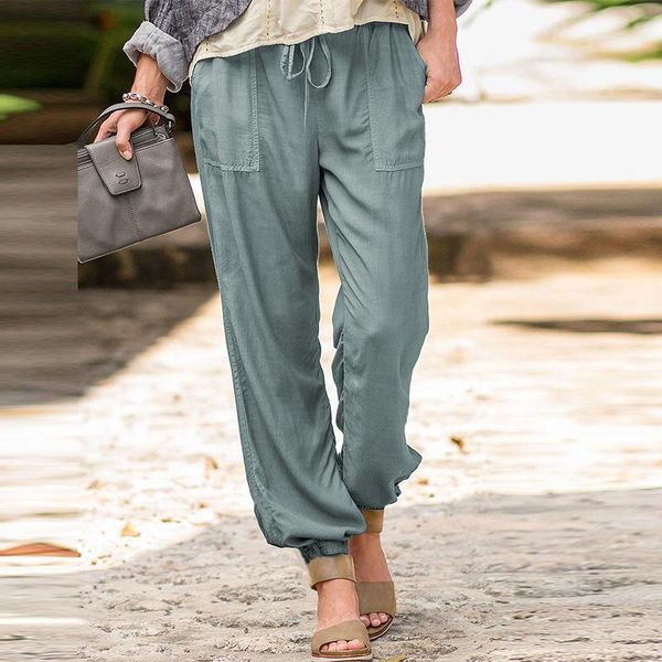 

women's pants & capris oversize casual women trousers jogger 2021 summer autumn cotton linen full length drawstring elastic waist pocke, Black;white