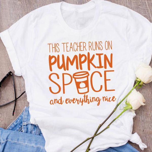 

graphic coffee pumpkin spice womens t shirts thanksgiving autumn fall halloween clothes tees female shirt, White