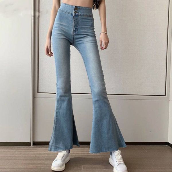 

high waist slim denim flared pants women vintage bell bottom jeans female skinny wild wide leg trousers streetwear, Blue