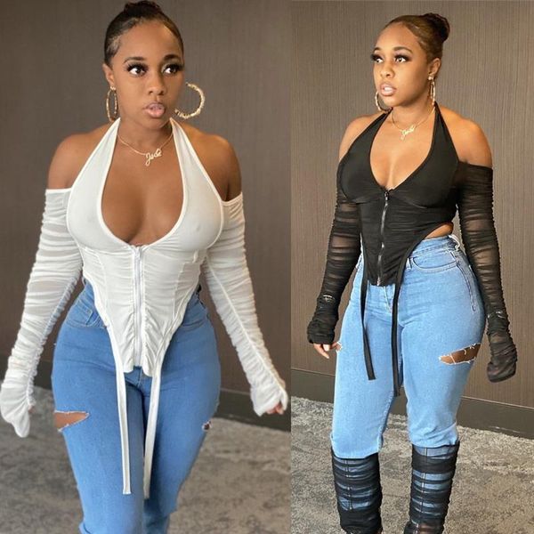 

2021 women solid halter patchwork strapless clothing fashion female party clubwear corset outdoor blouse, White