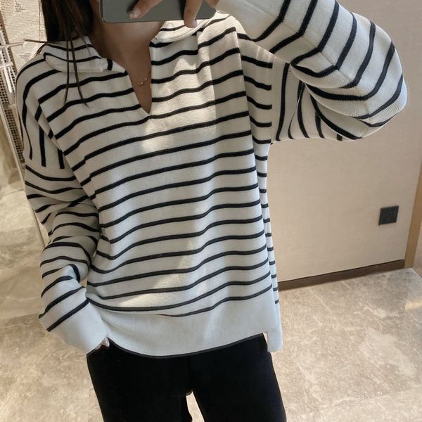 

stripe lapel 8818 long sleeve loose lazy v-neck t-shirt fall 2020 new ins net red, White