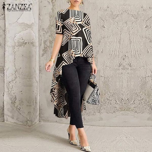 

women's blouses & shirts zanzea party work tunic casual printed short sleeve blouse summer o neck geometric shirt women vintag irregul, White