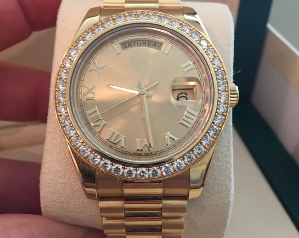 

day-date 2 president 41mm 18k gold diamond 218348 champagne roman dial movement automatic men, Slivery;brown