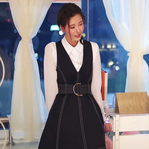 

fashion women's sets spring autumn new white long sleeve shirt vest belt mini dress office party two-piece suit n8ew, Black;gray