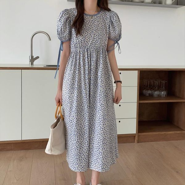 

[ewq] korea chic fashion womens dresses casual o neck robe print stitching bow folds loose puff sleeve midi dress women, Black;gray