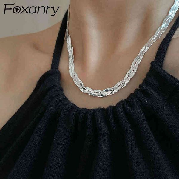 Colar Foxanry Prata Esterlina 925 Clavícula Cadeia Acessório Casal Moda Elegante Vintage Trançado Textura Torcida Joias De Festa