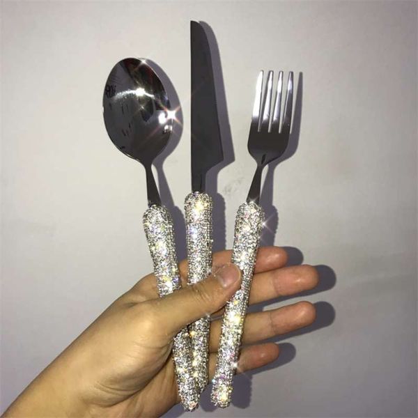 Sparkling Diamond Cutlery Set 3 Parte Faca Forquilha e Colher 304 Aço Inoxidável Eco Friendly Friendly Travel Latherware 210928