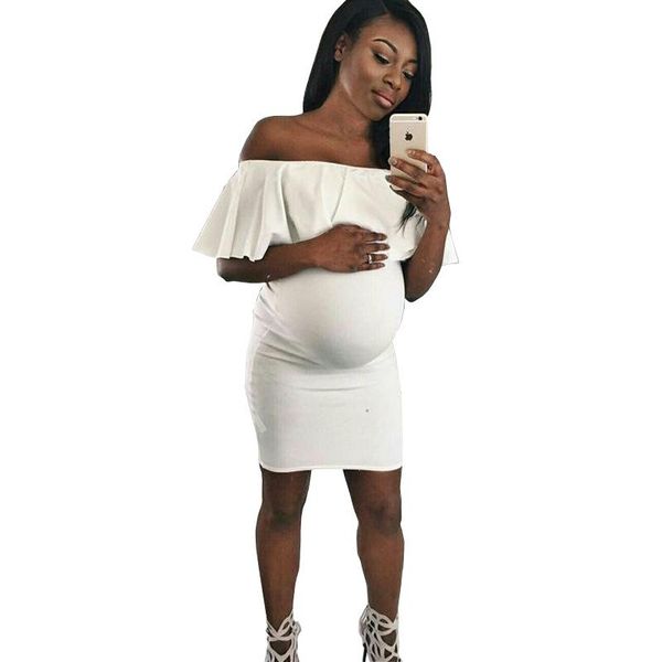 

maternity dresses fashion shoulderless clothes for pregnant women solid clothing short sleeve pregnancy dress wear lactation, White