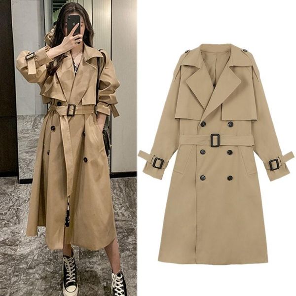 

women's trench coats korean style women coat with belt clothes harajuku spring autumn outerwear double-breasted long, Tan;black