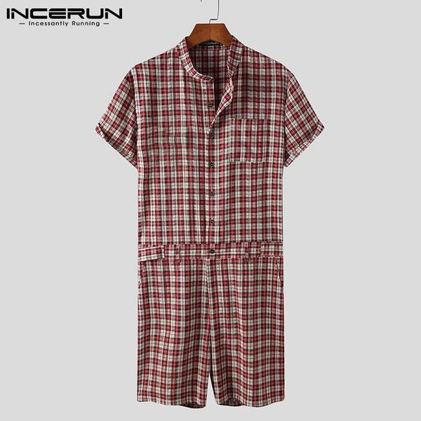 

men's shorts 2021 men plaid rompers streetwear stand collar short sleeve jumpsuits pockets summer casual overalls s-5xl incerun, White;black