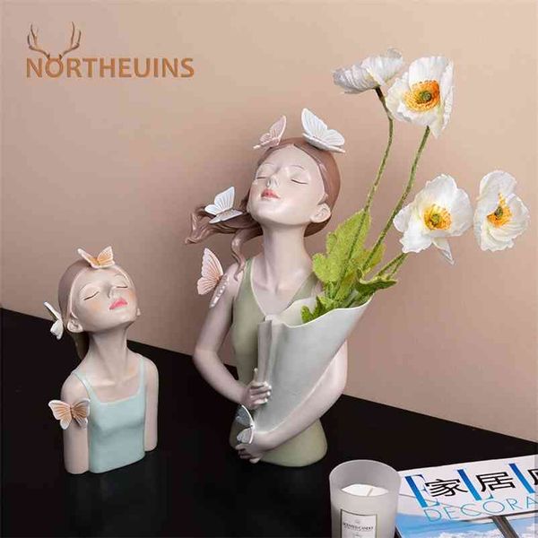 NORTHEUINS Farfalla Ragazza Resina Scultura Carattere Modello Vaso Modern Storage Statue Home Living Room Desktop Decor Accessori 210811