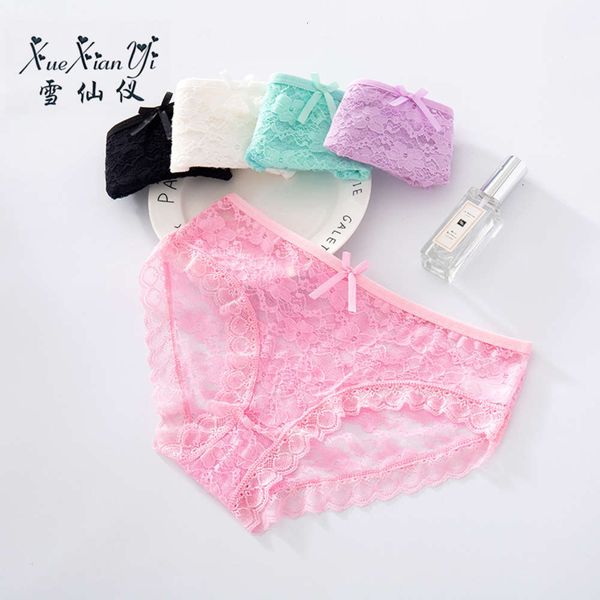 

lace middle low waist transparent out girls' briefs large size, Black;pink