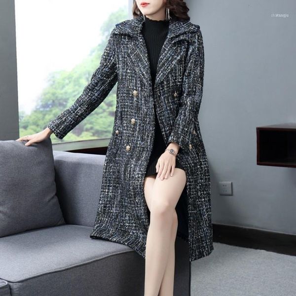 

autumn winter womens fashion double breasted tweed trench coats elegant medium length lapel sashes slim fit female a-line coats1, Tan;black