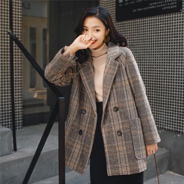 

women's wool & blends autumn/winter korean mid-length plaid woolen coat female 2021 style small all-match slim suit, Black