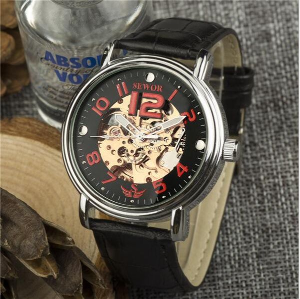 

sewor mechanical watch automatic movement watch leather strap men's casual fashion watch sew06-3, Slivery;brown