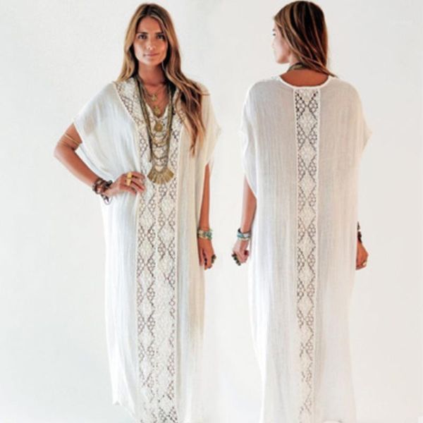 

casual dresses 2021 hollow out lace patchwork v-neck short sleeve loose summer dress white cotton tunic women beach wear maxi n1158, Black;gray