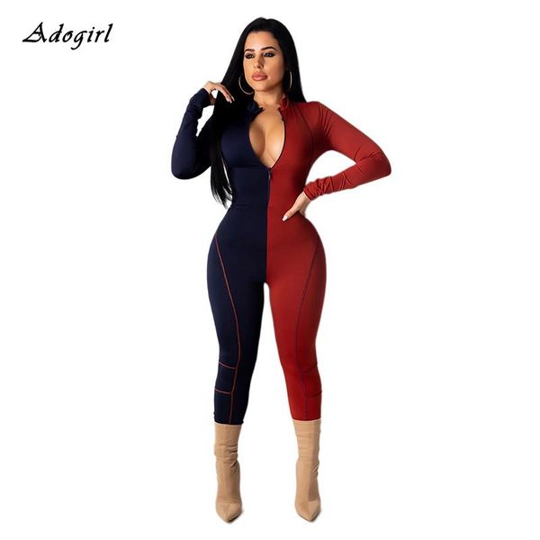 

women's jumpsuits & rompers color block body femme jumpsuit wome zipper long sleeve leggings bodycon night clubwear patchwork overalls, Black;white