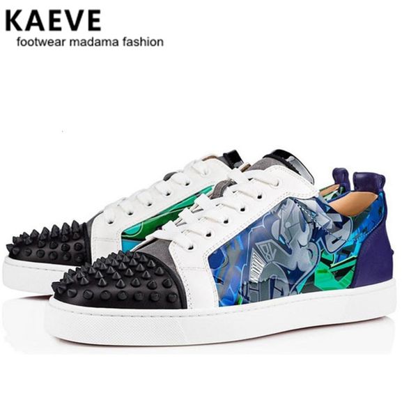 

spring lace up genuine leather men rivets stud flat mens casual shoes low spike sneakers runway chaussures hommes, Black