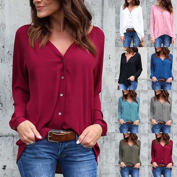 

2021 v-neck pleated button long sleeve loose chiffon shirt, White