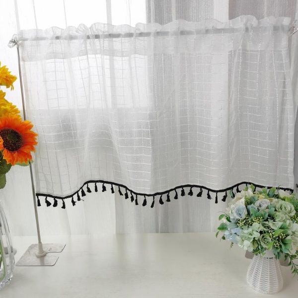 

curtain & drapes rod pocket broom edge short curtains for kitchen white grid home partition decorative panel half 1pice #4