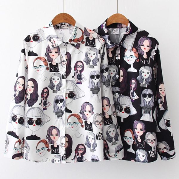 

retro beauty print long sleeve blouse chic shirt womens and blouses 2021 polyester full sleeve blouse women turn down collar shirt, White