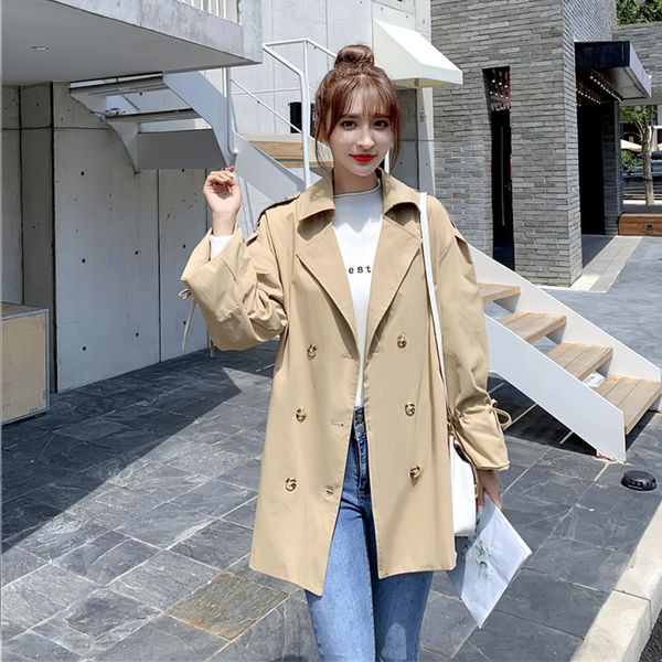 

2021 new women ol double breasted khaki long trench coat casual female turn down collar loose black outwear windbreaker jh44, Tan;black