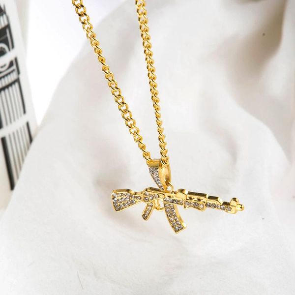 

pendant necklaces fashion hip hop submachinegun necklace for men women creative gun shaped crystal zircon chain trendy punk jewelry gifts, Silver