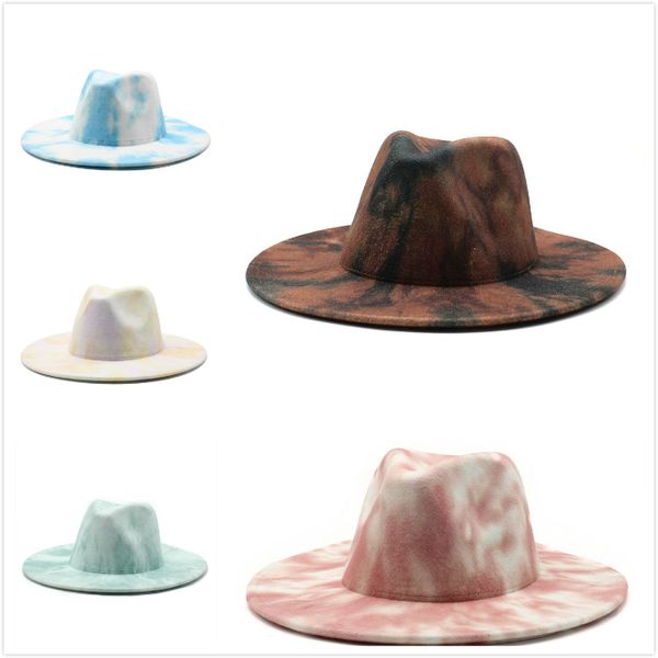 

dhl 10 style tie dye jazz formal hat lady felt fedora hats fashion british styles wide brim caps trilby chapeau for men women, Blue;gray