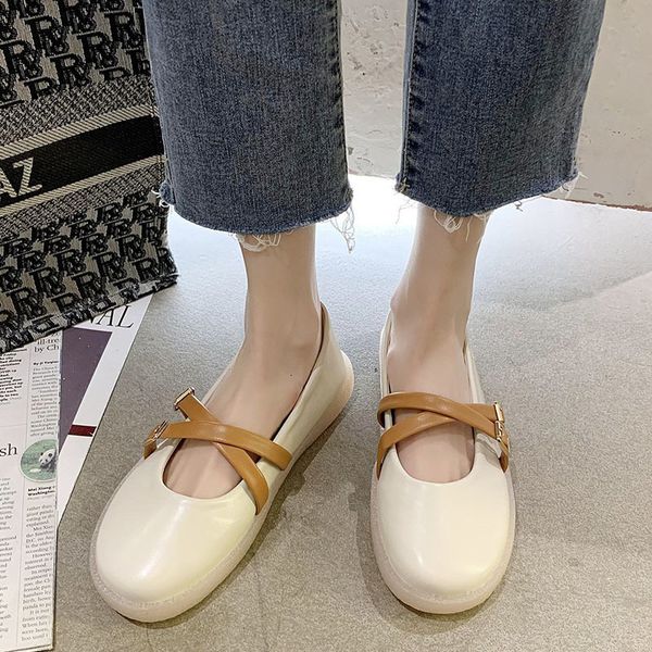 

2021 new fashion cross buckle ballet flats women comfortable round toe pu leather woman shallow single shoes lady mdqf, Black