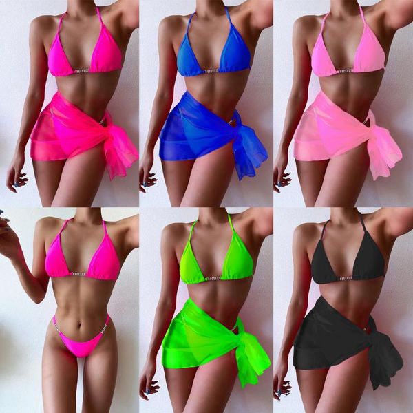 

women's swimwear diamond-studded bikini strappy swimsuit three-piece, White;black