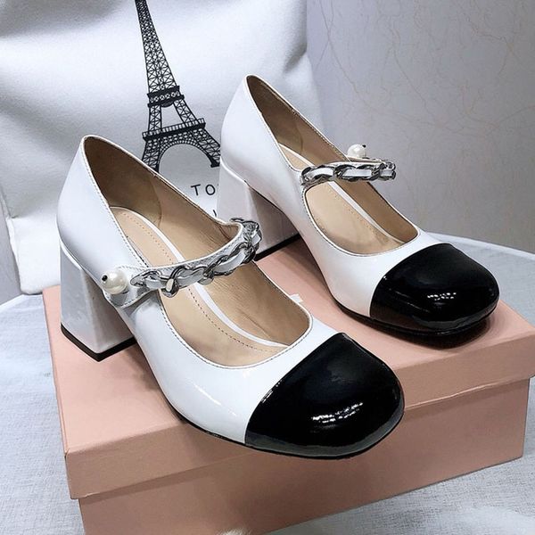

italy mm socialite sandals women retro pearl chain buckle students sandal chunky heel mary janes shoe vintage luxurys designers shoes, Black