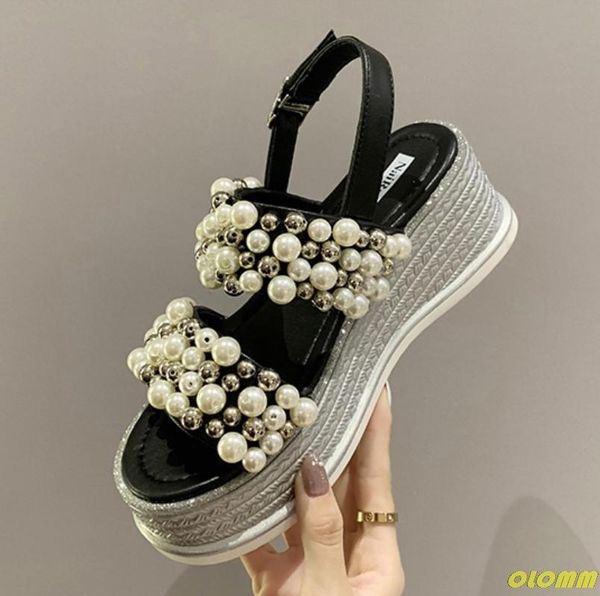 

slippers women slides bow summer sandals pearl thick soles flat platform female floral beach shoes flip flops, Black