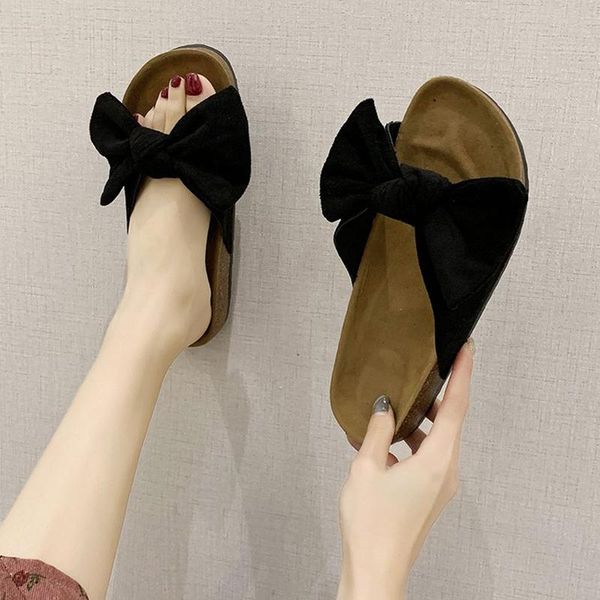 

slippers plus size 43 woman bowknot cork platform ladies beach outdoor pu leather shoes 35 flat slides chaussure femme, Black