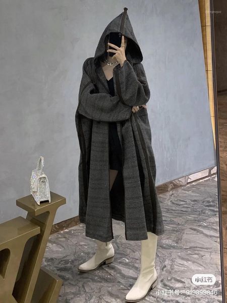 

women's wool & blends 2021 fall winter women wollen trench blend coat plaid tweed long sleeve hooded collar jacket, Black