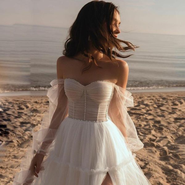 

other wedding dresses uzn a-line pleats tulle modern sweetheart off shoulder puffy sleeves beach gown slit bridal dress, White